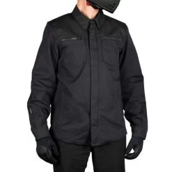 ICON Upstate Canvas CE Jacket -HJC Store icon upstate canvas jacket black worn front 45486.1689751167