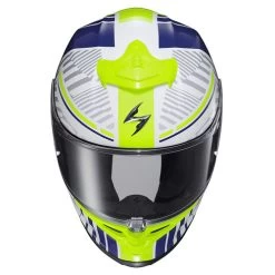 Scorpion EXO-R1 Air Juice Helmet -HJC Store scorpion exo r1 air juice helmet white hi vis blue front 59920.1663733003